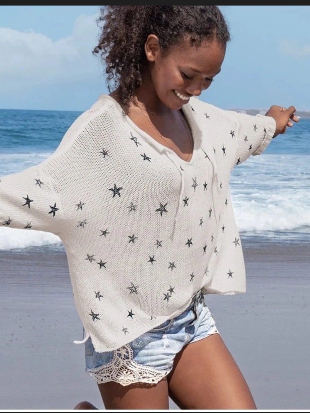 Wooden Ships Blush V-Neck Starfish Knit Sweater